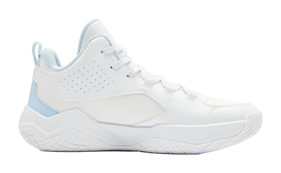 QIAODAN Cushioning, Wear Resistant Mid Top Basketball Shoes Mens White Blue 