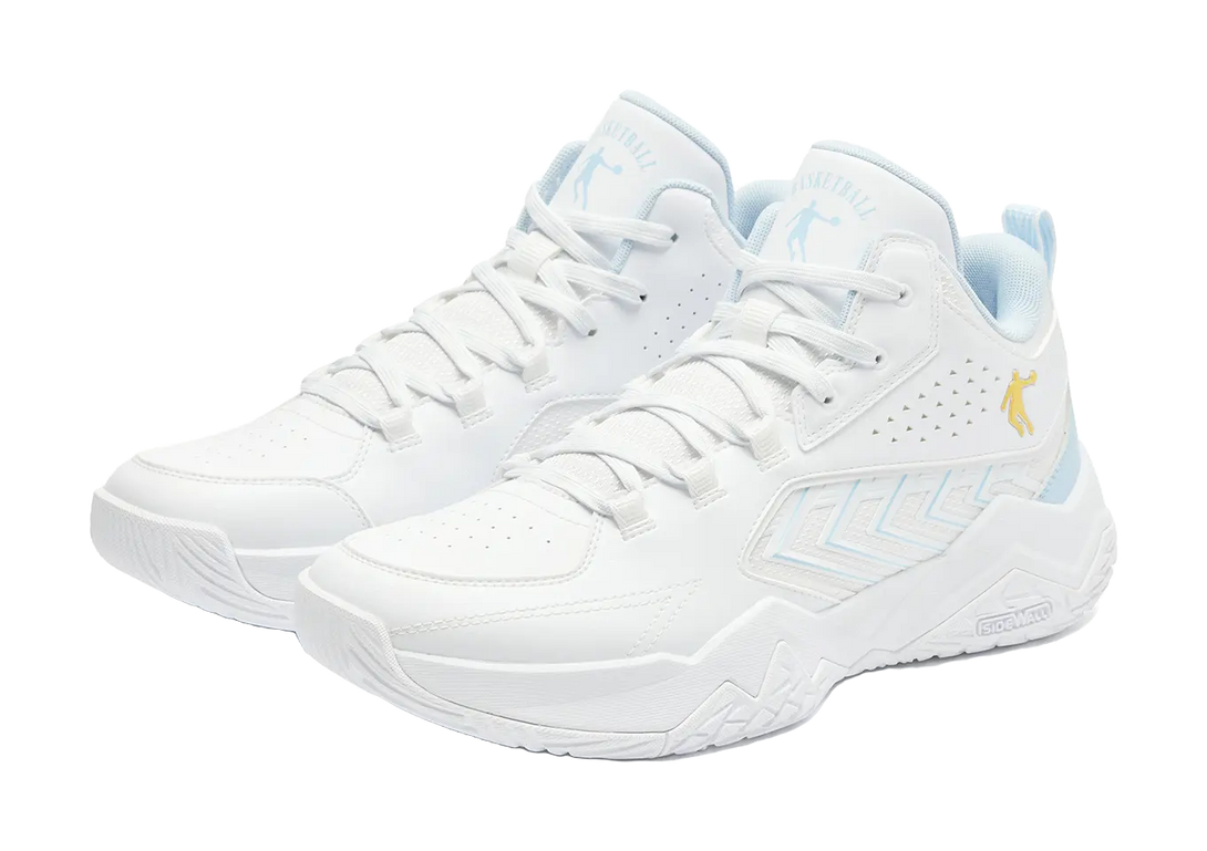 QIAODAN Cushioning, Wear Resistant Mid Top Basketball Shoes Mens White Blue 