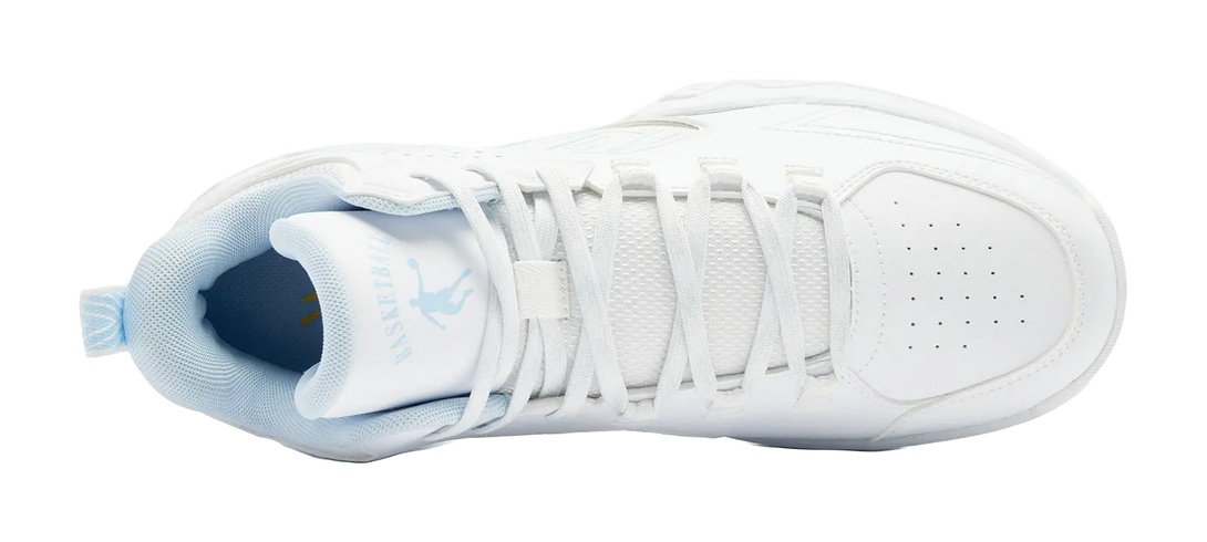 QIAODAN Cushioning, Wear Resistant Mid Top Basketball Shoes Mens White Blue 