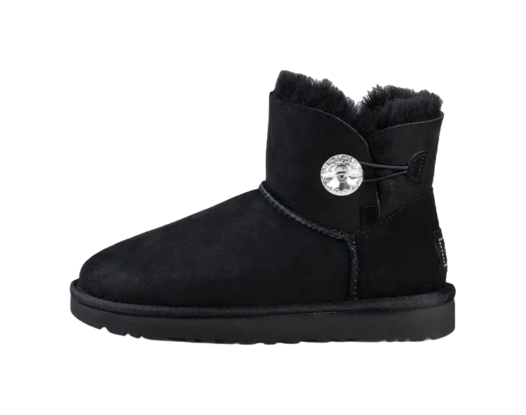 UGG Mini Bailey Button Bling Fleece Lined Black White Womens  vjsneaker.com