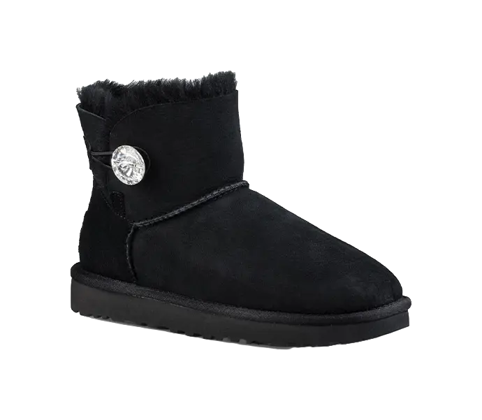 UGG Mini Bailey Button Bling Fleece Lined Black White Womens  vjsneaker.com