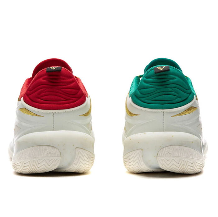Basketball shoes heel view with white soles, red and green uppers, and gold trim