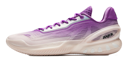 Purple and white basketball shoe side view with lace-up closure and curved sole