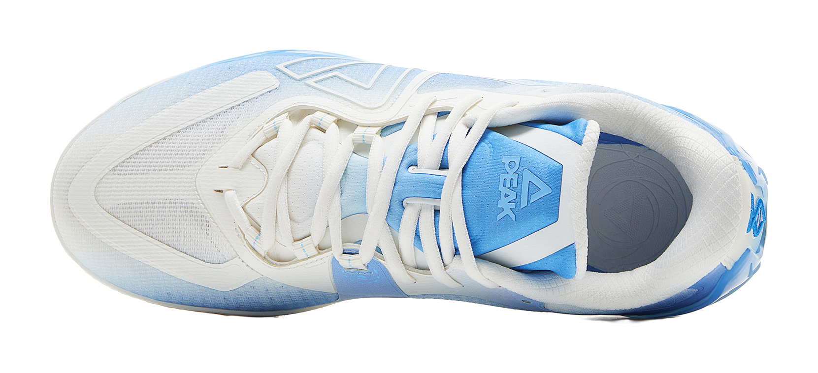 White and blue basketball shoe, heel and outsole view with lace-up collar