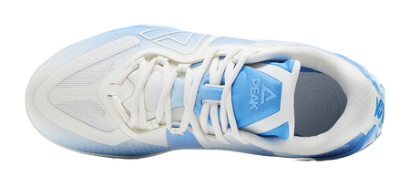White and blue basketball shoe, heel and outsole view with lace-up collar