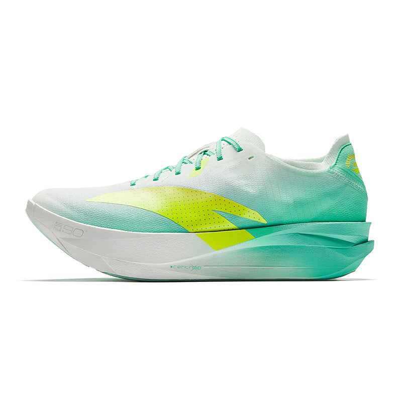Marathon racing shoe with white upper, green laces, and neon yellow side accent