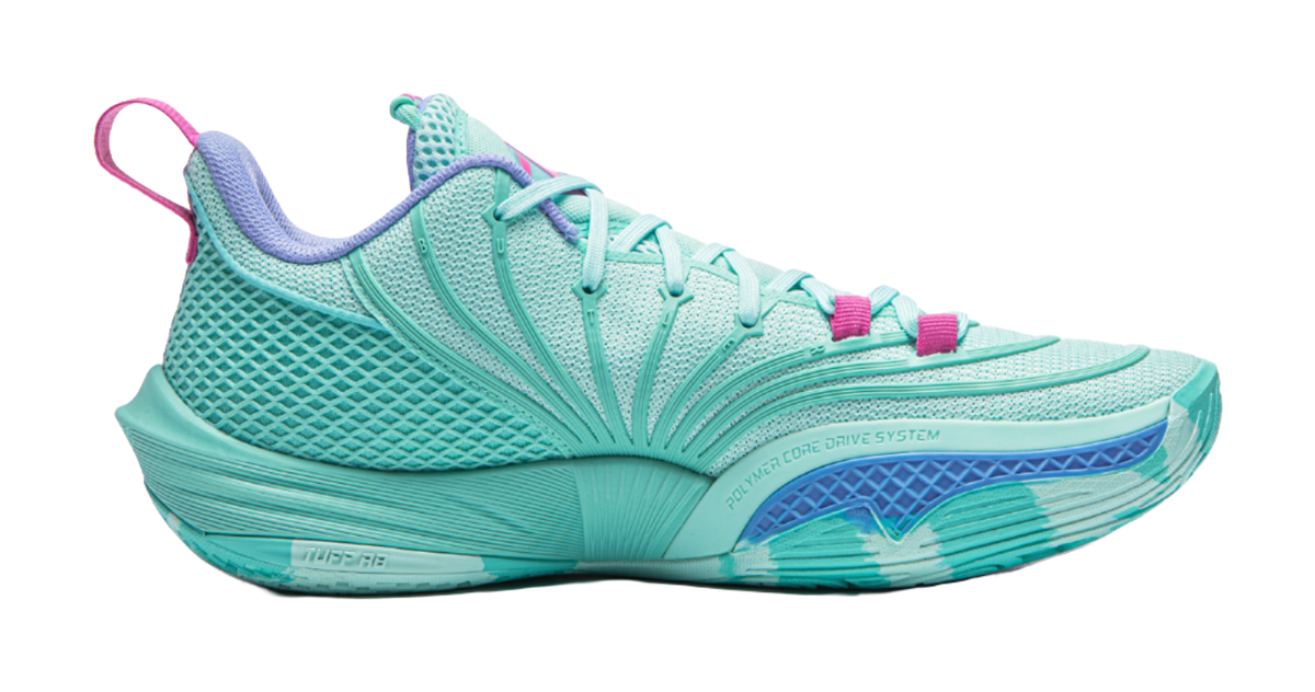 Turquoise basketball shoe side view with mesh texture, pink lace loops and blue logo