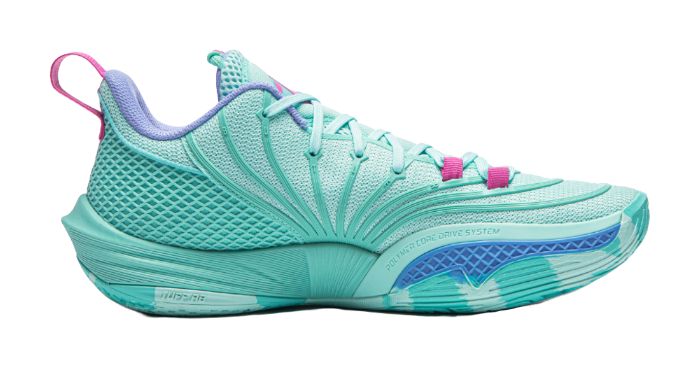Turquoise basketball shoe side view with mesh texture, pink lace loops and blue logo
