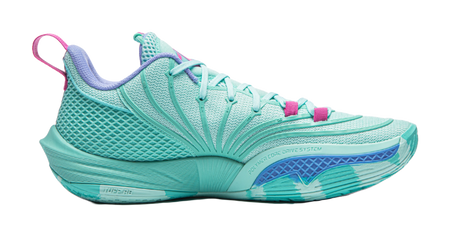 Turquoise basketball shoe side view with mesh texture, pink lace loops and blue logo