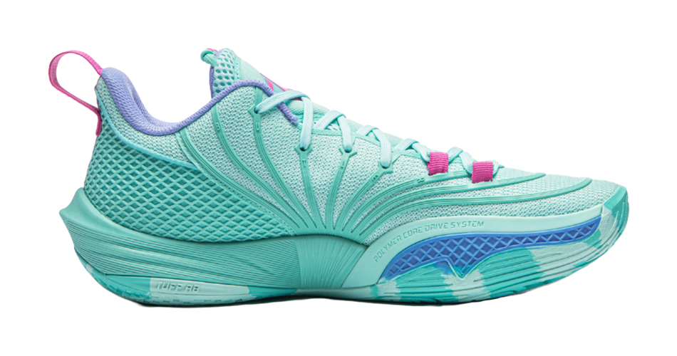 Turquoise basketball shoe side view with mesh texture, pink lace loops and blue logo