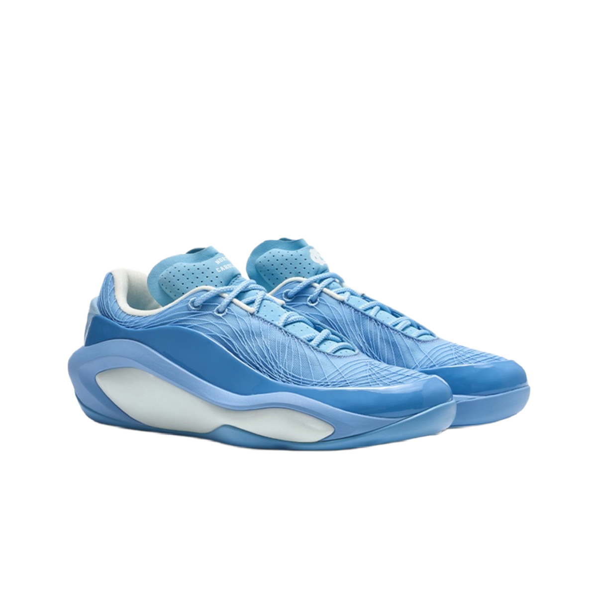 Blue basketball shoe side view with lace-up design and molded midsole