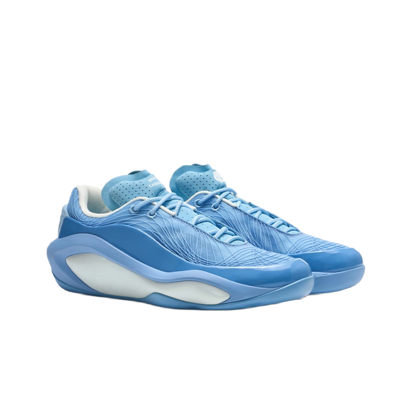 Blue basketball shoe side view with lace-up design and molded midsole