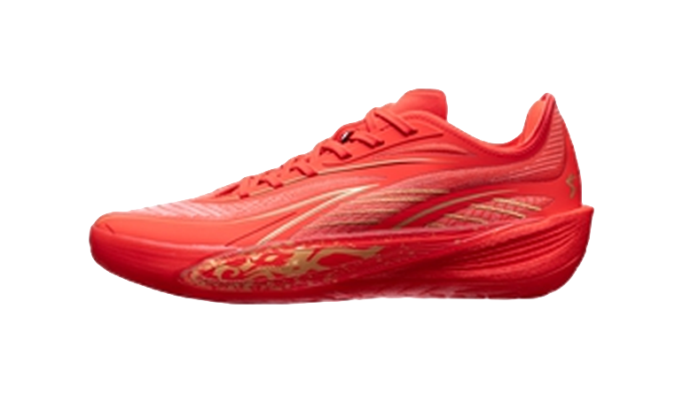 Red basketball shoe with lace-up front and glossy flame stripe side panel