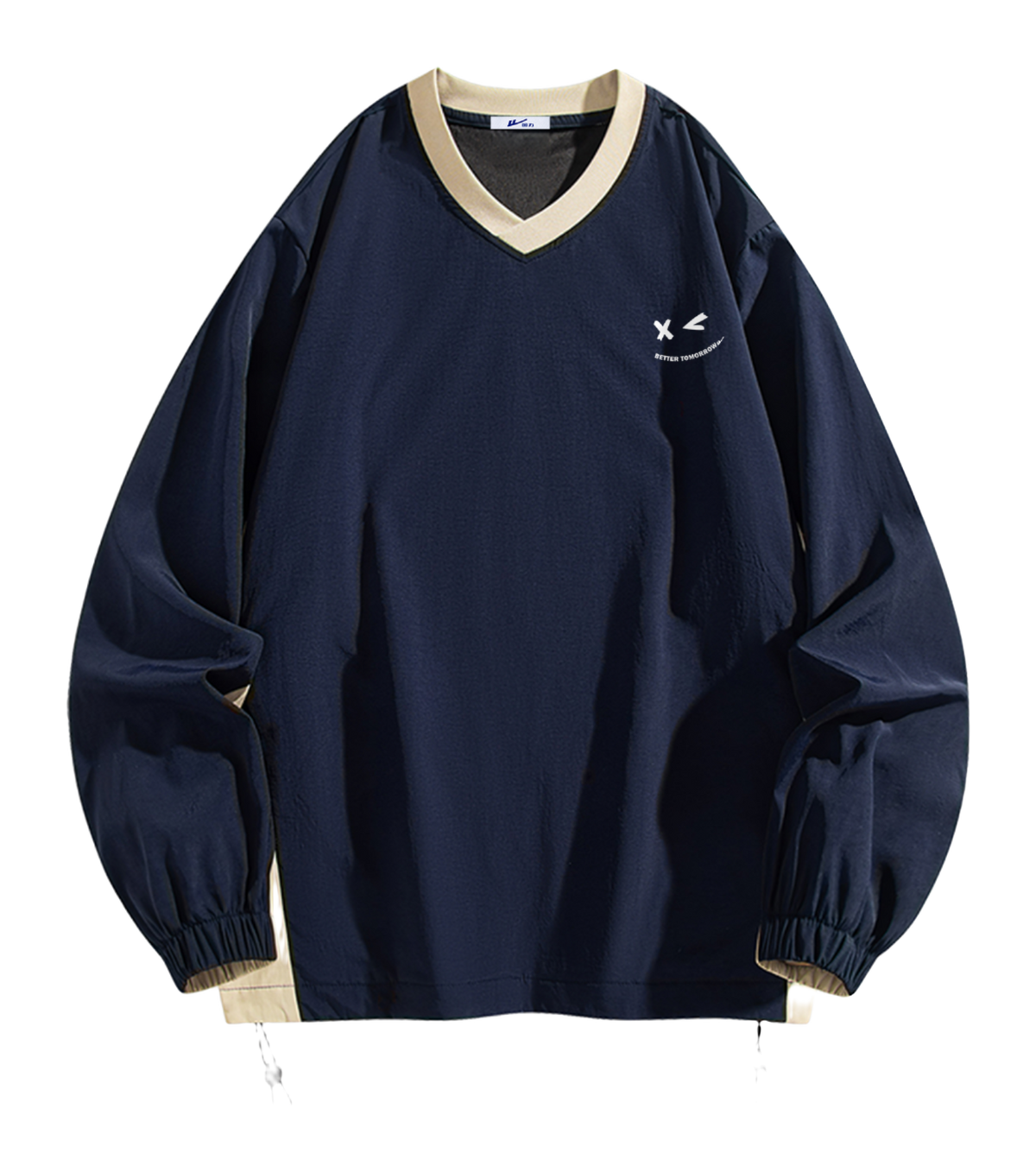 Warrior Revival Cloud Sail Series American Trendy College Style Contrast Ribbed Bottom Adjustable Smiling Face Letter Printed Loose Casual Versatile Hoodie Bottom Shirt Outer Wear Inner Wear Hoodie Long Sleeve T-shirt Unisex  vjsneaker.com