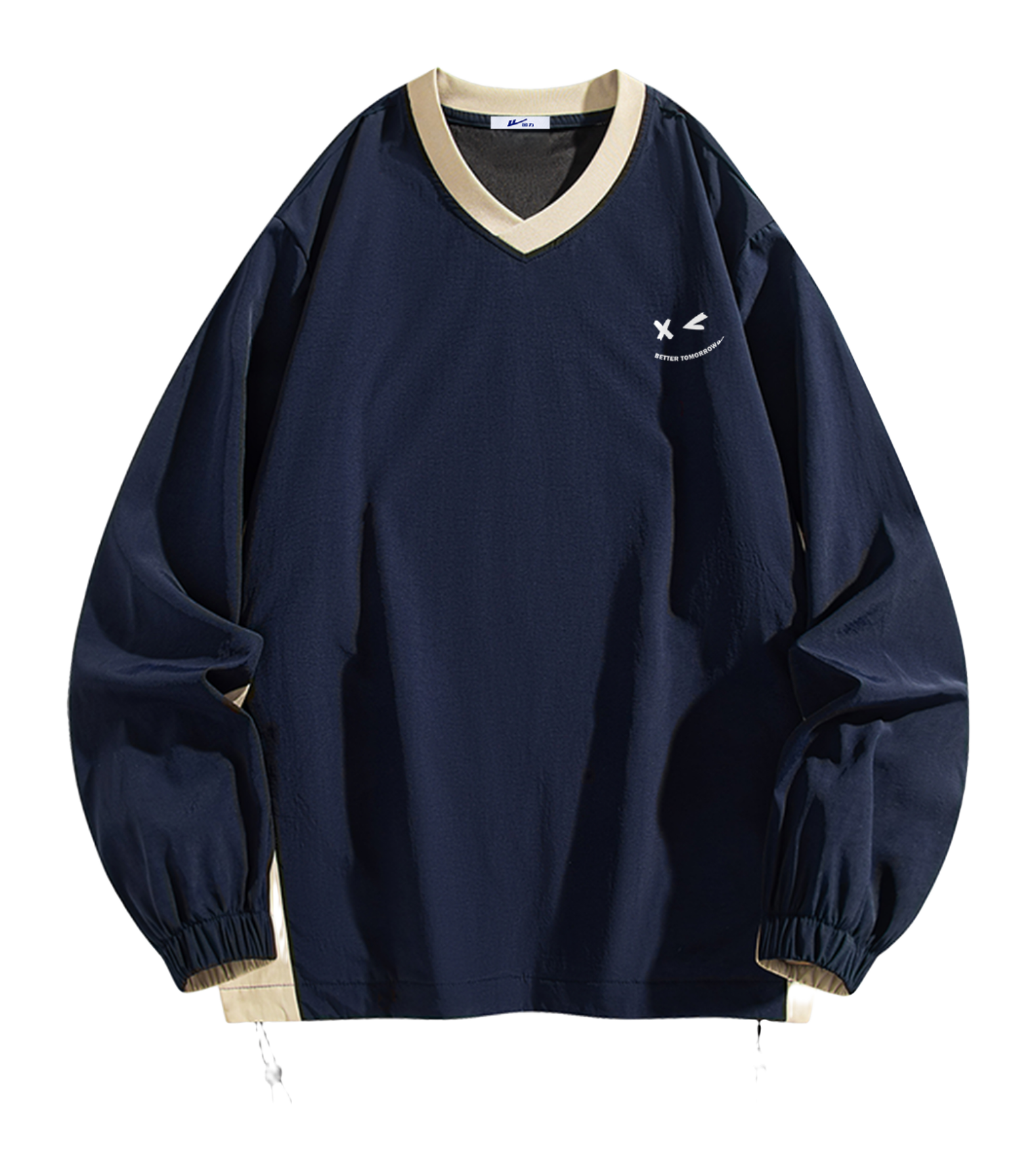 Warrior Revival Cloud Sail Series American Trendy College Style Contrast Ribbed Bottom Adjustable Smiling Face Letter Printed Loose Casual Versatile Hoodie Bottom Shirt Outer Wear Inner Wear Hoodie Long Sleeve T-shirt Unisex  vjsneaker.com