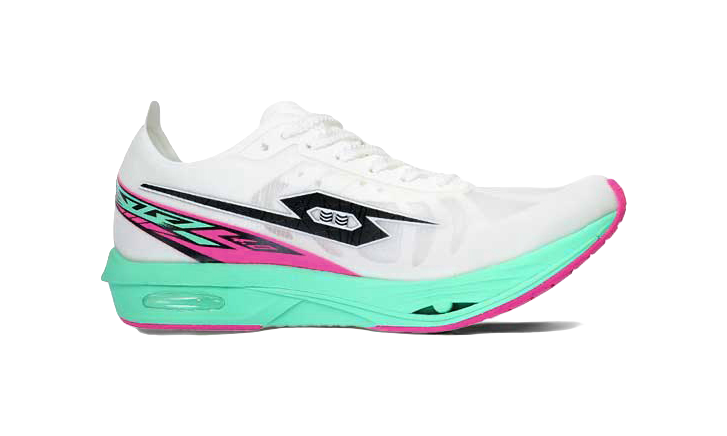White running shoe side view with black logo, pink stripe, and teal midsole.