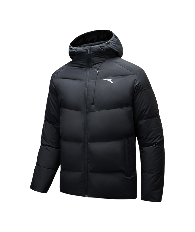 Men's black hooded puffer down jacket with full zip and front logo