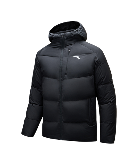 Men's black hooded puffer down jacket with full zip and front logo