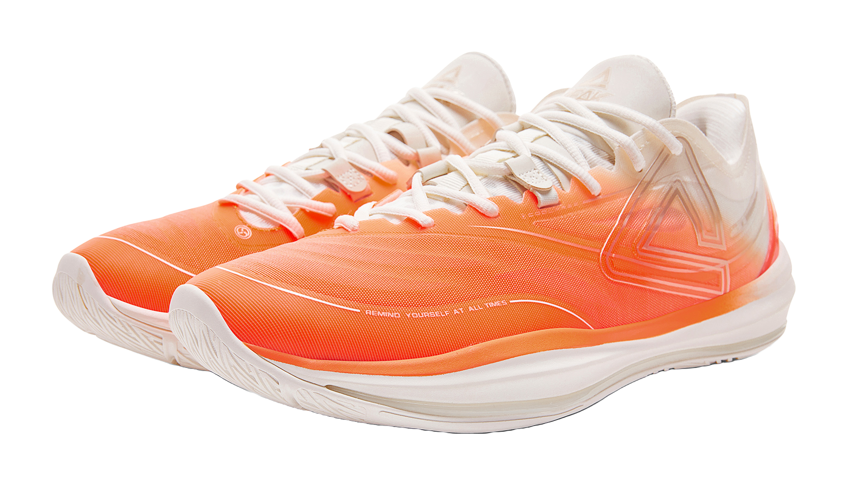 PEAK lightweight basketball shoes, fluorescent orange upper with white laces and cushioned midsole