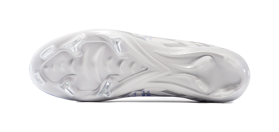 White soccer shoe outsole with molded studs and blue heel print