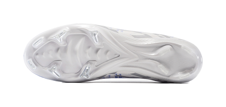 White soccer shoe outsole with molded studs and blue heel print