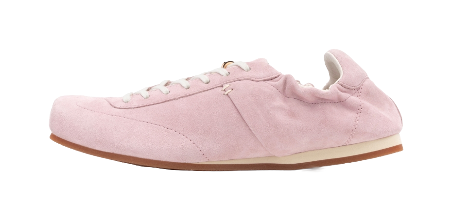 Mist Pink low-top trainer with white laces, side seam stitching, and cushioned collar.
