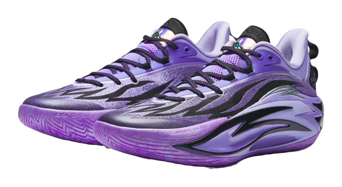 Purple basketball shoe with black graphics, lace-up front, and cushioned collar.