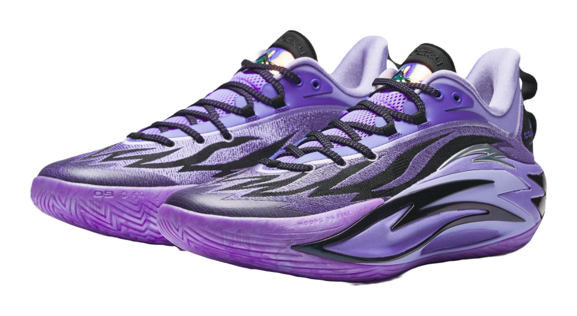 Purple basketball shoe with black graphics, lace-up front, and cushioned collar.
