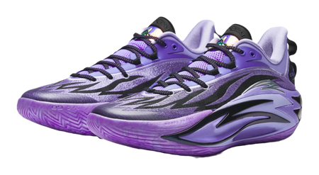 Purple basketball shoe with black graphics, lace-up front, and cushioned collar.