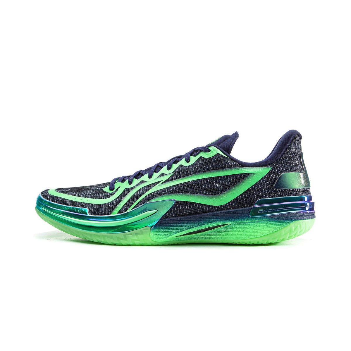 Basketball shoes with dark navy knit upper and neon green side stripes, lace-up.