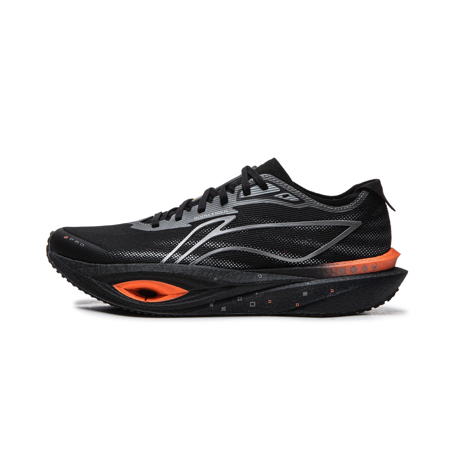Black Li-Ning running shoe with mesh upper, silver logo stripes, orange heel detail