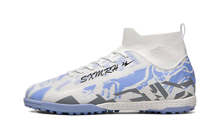 Unisex white and blue TF soccer shoe with lace-up upper and cushioned collar