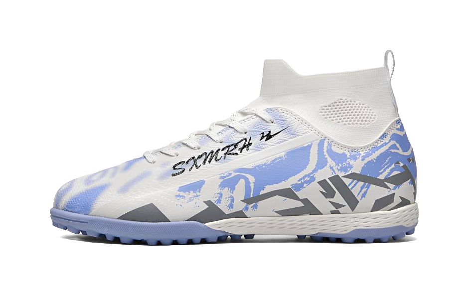 Unisex white and blue TF soccer shoe with lace-up upper and cushioned collar