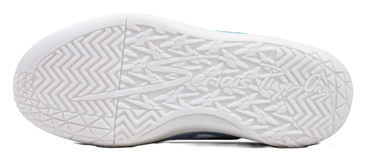 White rubber outsole with patterned traction for basketball shoes in light blue