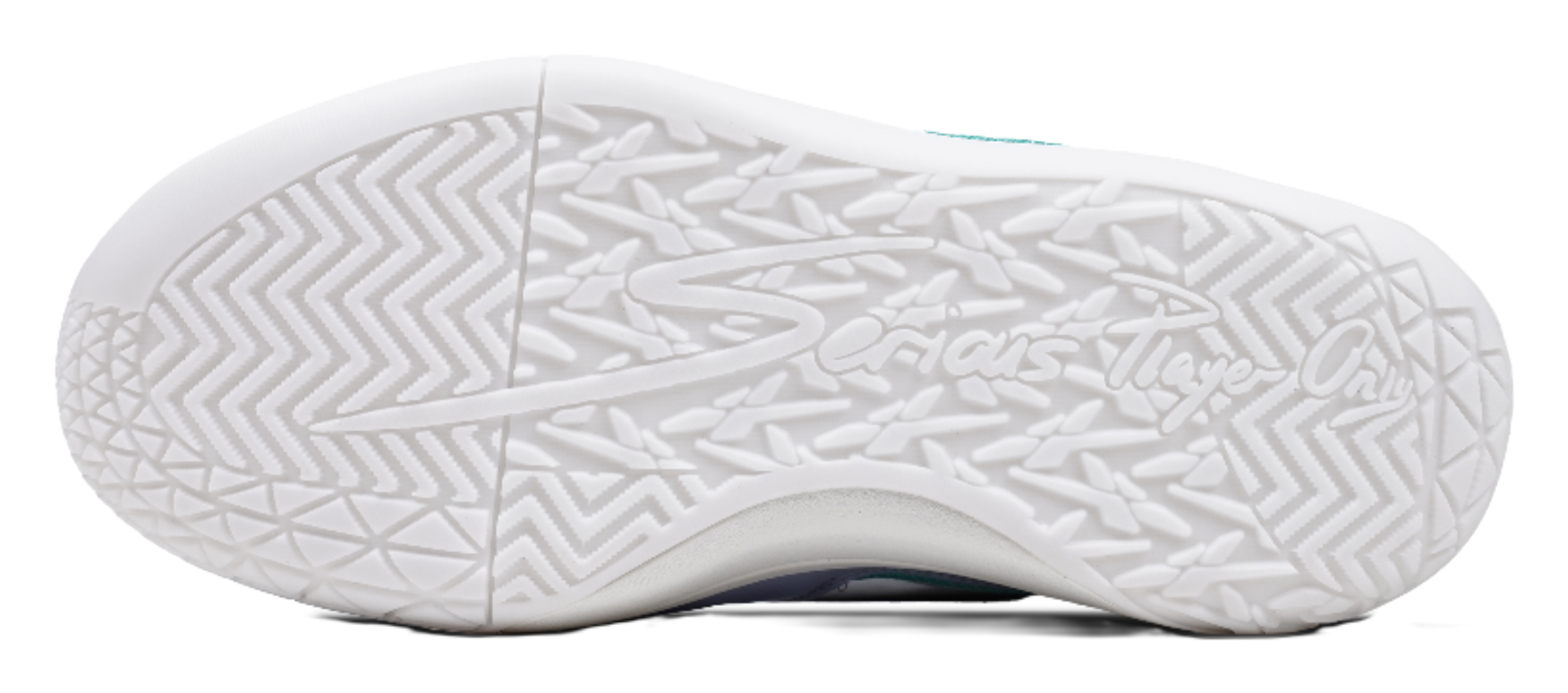 White rubber outsole with patterned traction for basketball shoes in light blue