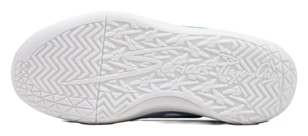 White rubber outsole with patterned traction for basketball shoes in light blue