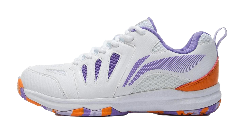 Women's badminton shoe, white with purple accents and orange detailing, lace-up design.