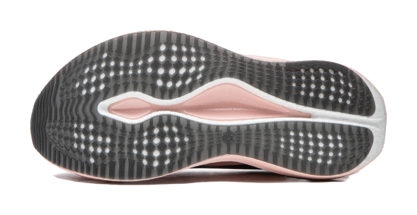 Li Ning women's running shoes outsole view, dark tread with light pink edge