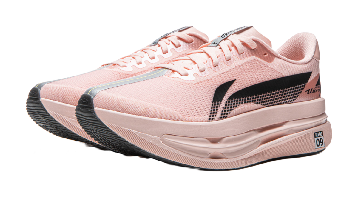 Li Ning women's low-top running shoes, light pink mesh with black heel and logo