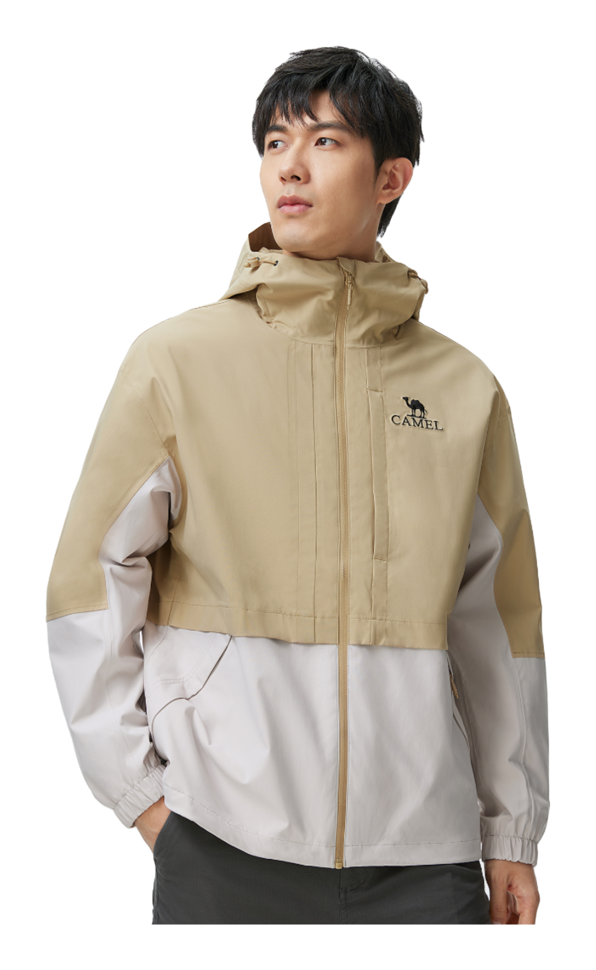 Men's tan and off-white colorblock windbreaker jacket with hood and full-zip front