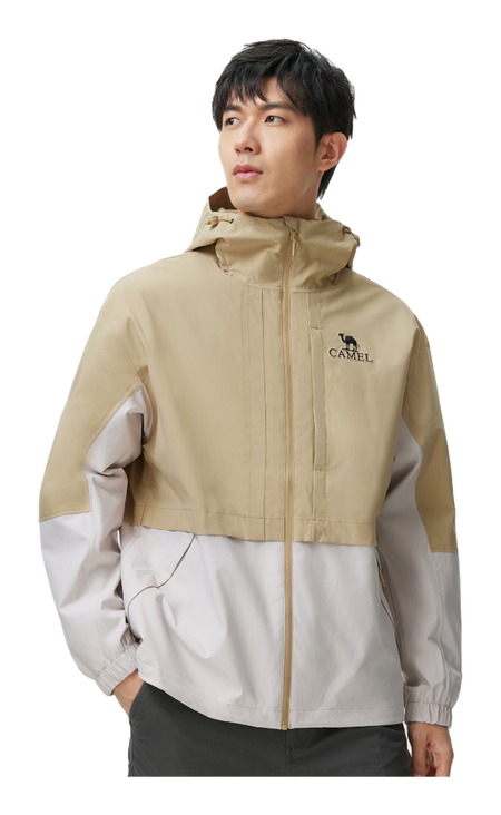 Men's tan and off-white colorblock windbreaker jacket with hood and full-zip front