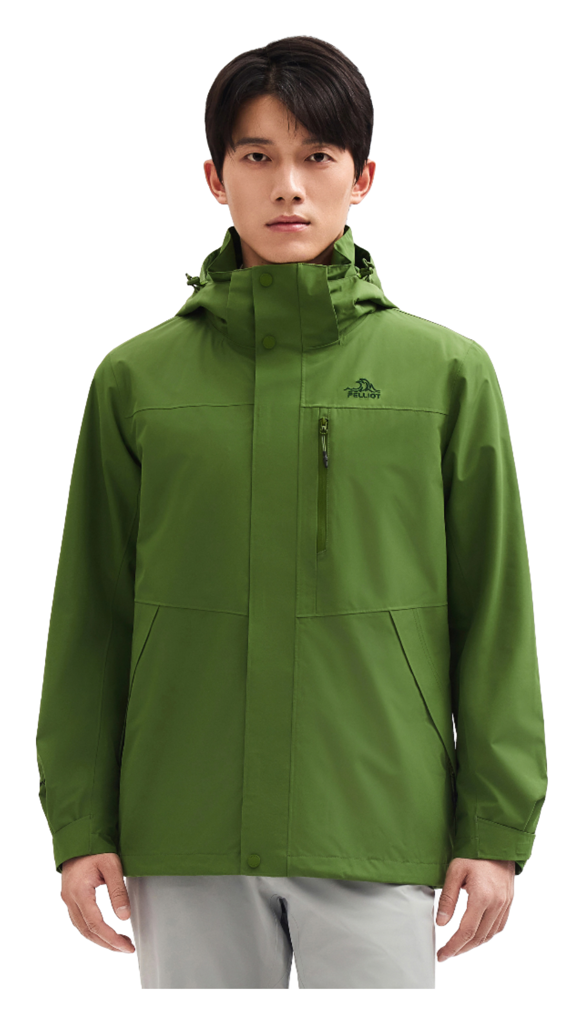 Men's green windbreaker jacket with hood and front zipper, standing collar