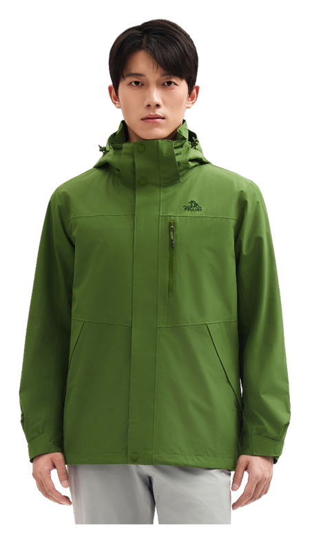 Men's green windbreaker jacket with hood and front zipper, standing collar