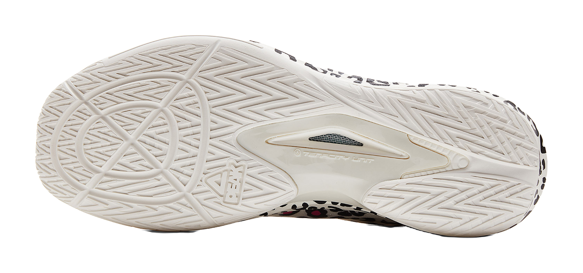 Lightweight basketball shoe outsole, white tread with angular herringbone pattern