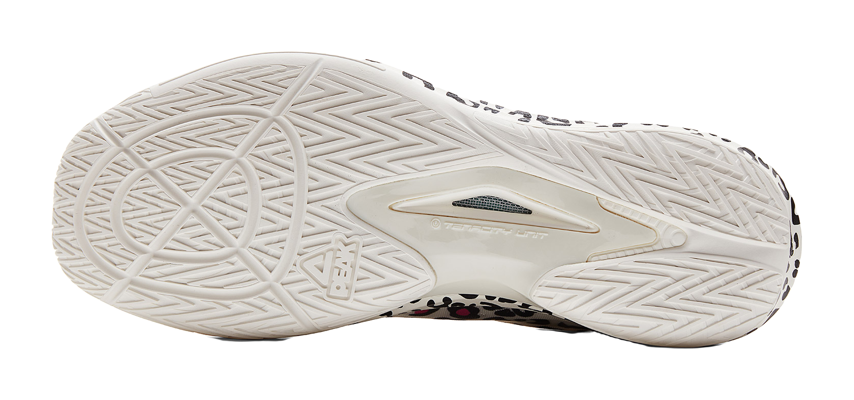 Lightweight basketball shoe outsole, white tread with angular herringbone pattern