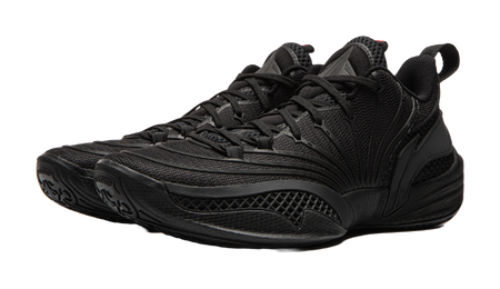 Black basketball shoe angled view with textured side panels and lace-up front