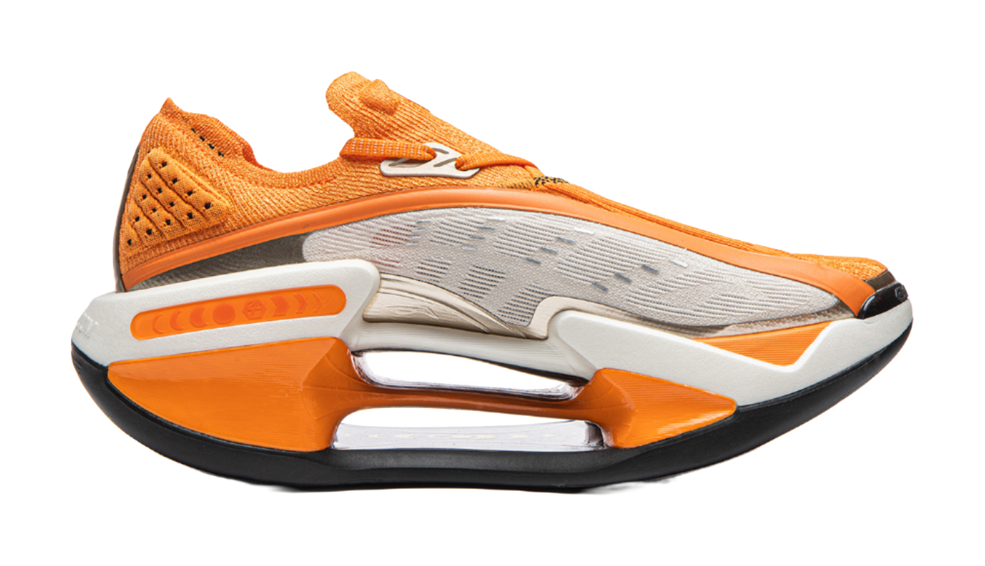 Orange and white Li-Ning Shadow running shoe with perforated upper and visible cushioning window