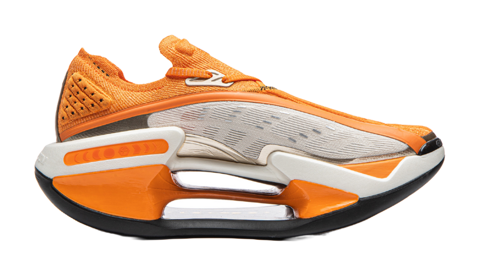 Orange and white Li-Ning Shadow running shoe with perforated upper and visible cushioning window