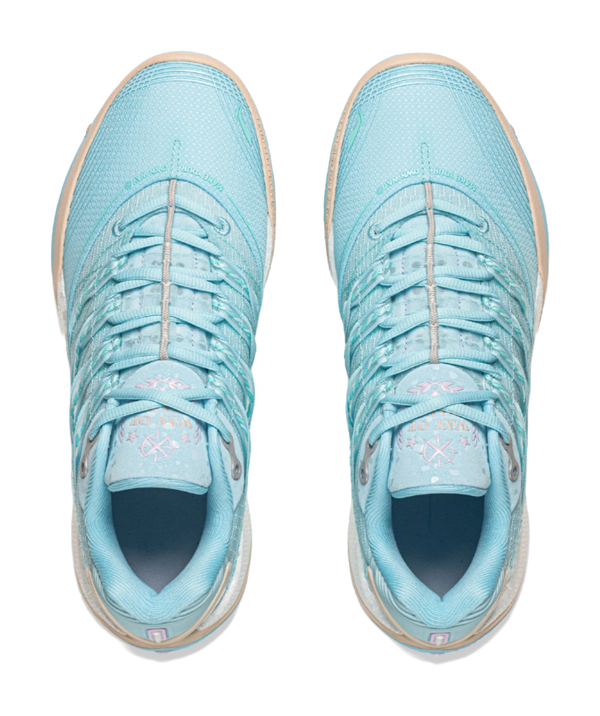 Pair of light blue low basketball shoes shown from front with lace-up closure