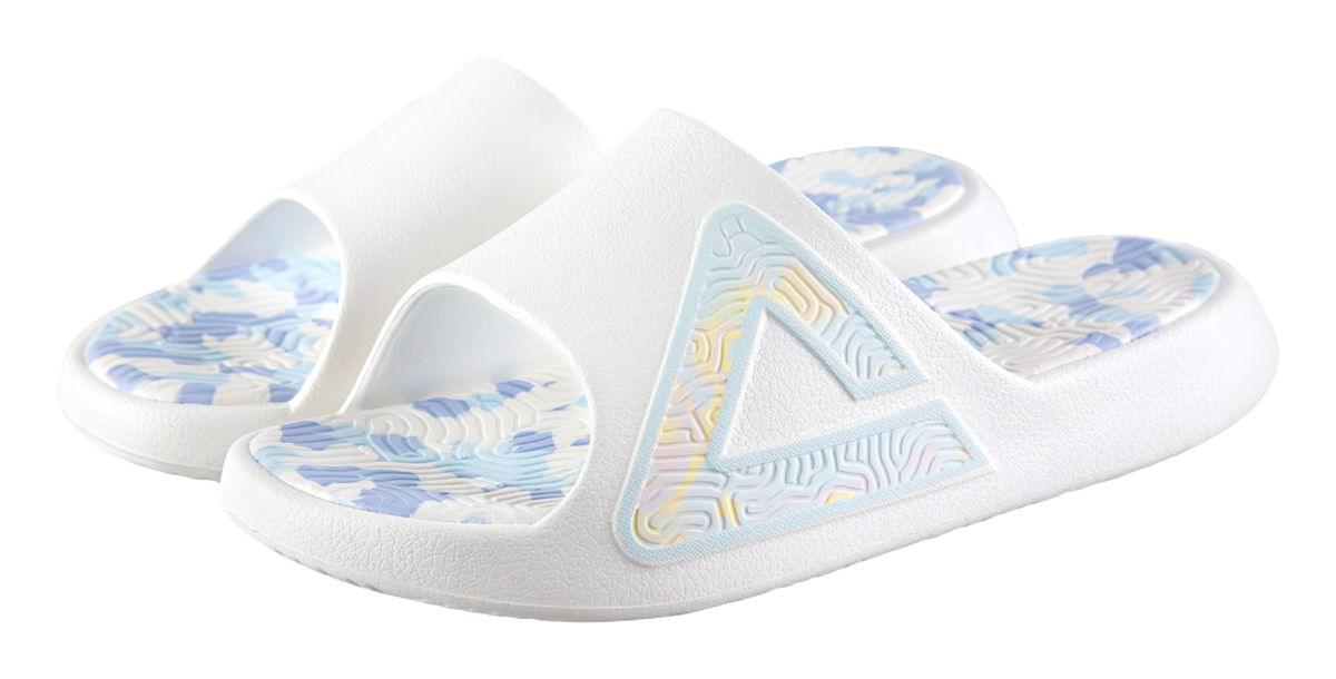 Unisex recovery slides with white upper, light blue logo, and blue camo insole